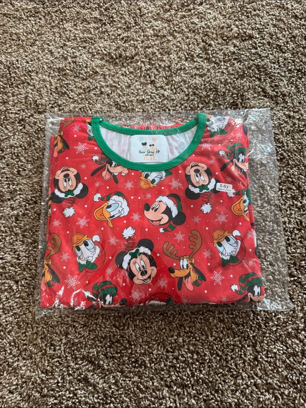 Disney Kids Red Holiday Character Pajama Set with Green Trim and Ruffles